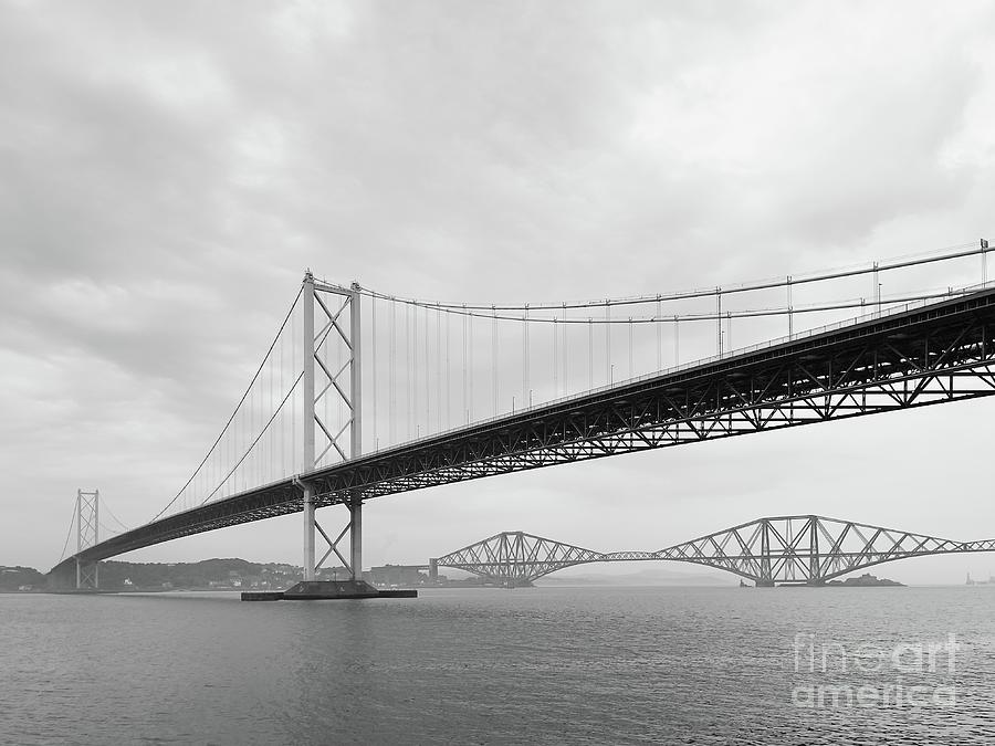 Bridge Digital Art - Firth of Forth Bridges Queensferry Edinburgh in Mono 2 by Douglas Brown
