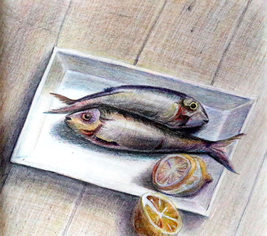 Fish and Lemon Painting by Medea Ioseliani
