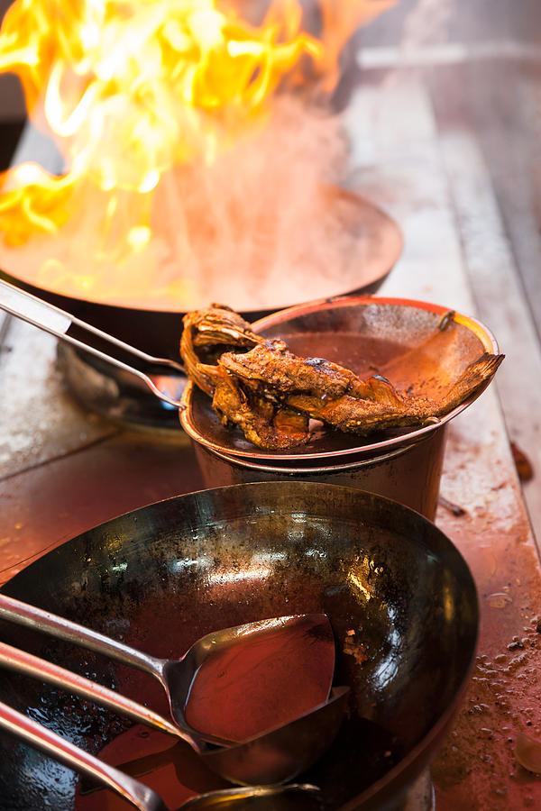 Fish deep-fried in asian wok on the street food stall, Penang, Malaysia Photograph by Elena Aleksandrovna Ermakova