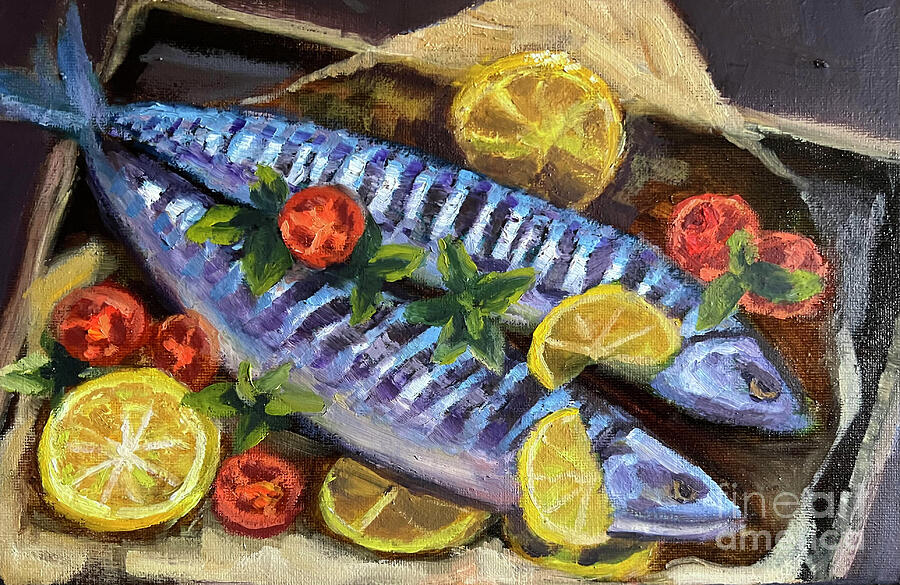 Still Life Painting - Fish dinner by Julia Strittmatter
