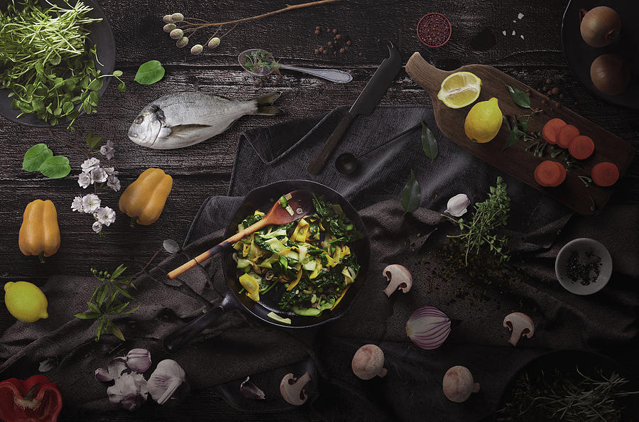 Fish Photograph - Fish Herbs And Vegetables Dinner Preparation by Johanna Hurmerinta