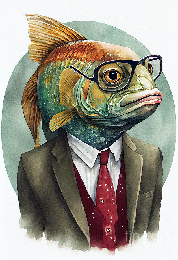 Fish Painting - Fish in Suit Watercolor Hipster Animal Retro Costume by Jeff Creation
