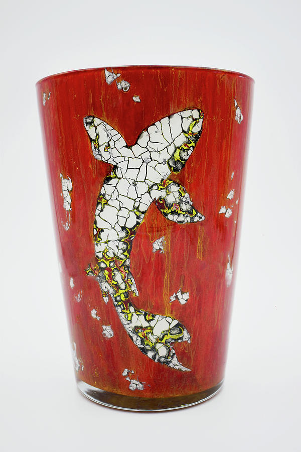 Fish on Red Vase Glass Art by Christopher Schranck