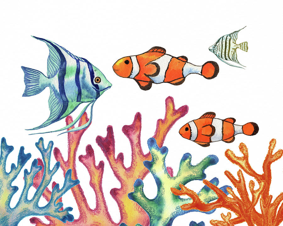 Fish Talk Watercolor Of Angelfish Clownfish And Corals Painting