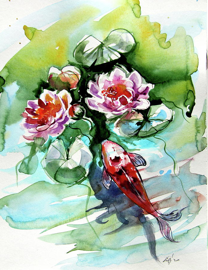 Fish with water lily Painting by Kovacs Anna Brigitta