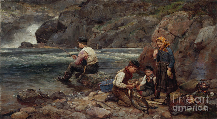 Fisherman and children Painting by O Vaering by Jahn Ekenaes