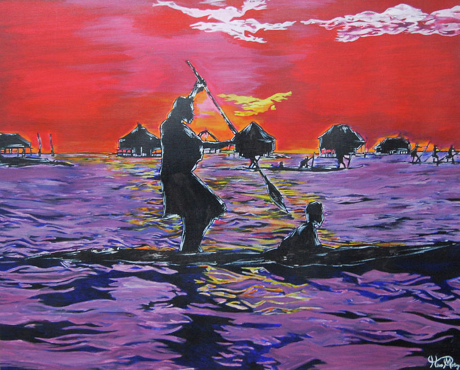 Sunset Painting - Fisherman by Hiten Mistry