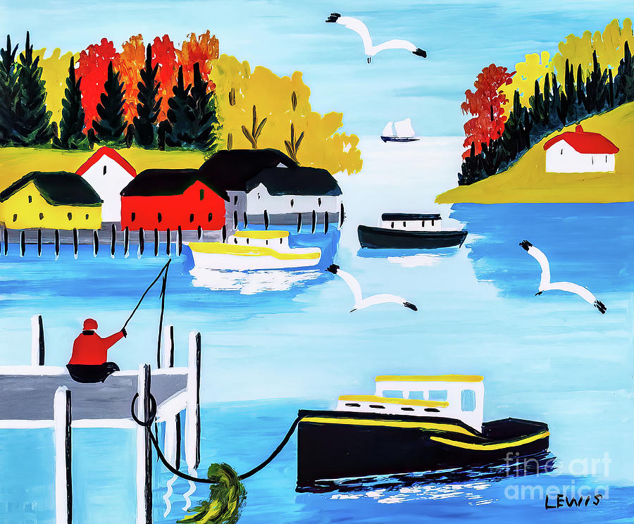 Fisherman on Dock by Maud Lewis 1958 Painting by Maud Lewis