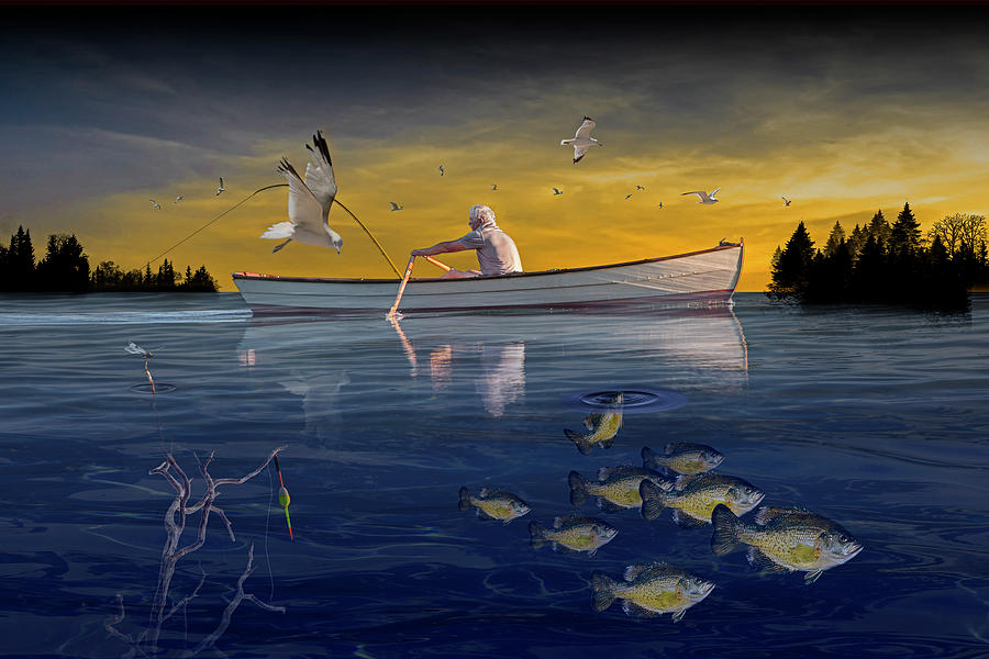 Fisherman Trolling in a Row Boat  with Flying Gulls and School o Photograph by Randall Nyhof