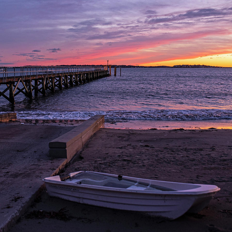 Fishermans Beach Pier Beautiful Sunset Swampscott Massachusetts MA Dinghy Square Photograph by Toby McGuire