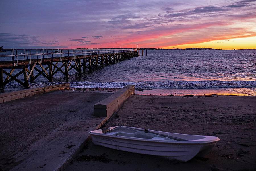 Fishermans Beach Pier Beautiful Sunset Swampscott Massachusetts MA Dinghy Photograph by Toby McGuire