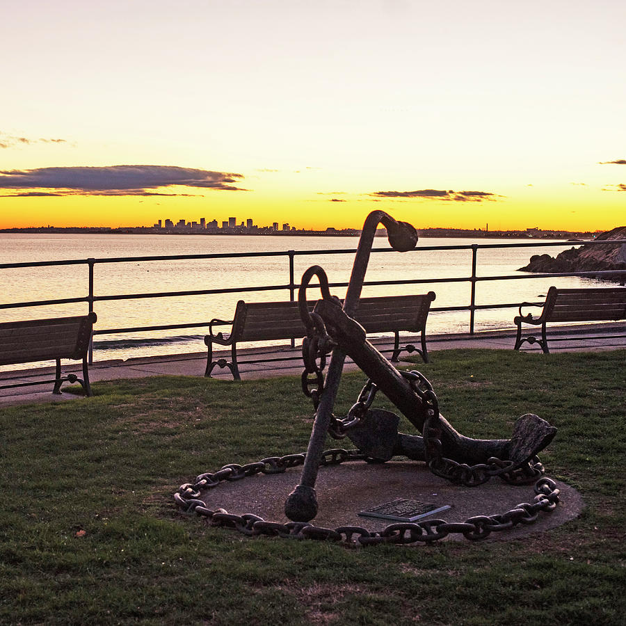 Fishermans Beach Sunset the Boston Skyline and Anchor Statue Swampscott Massachusetts Square Photograph by Toby McGuire