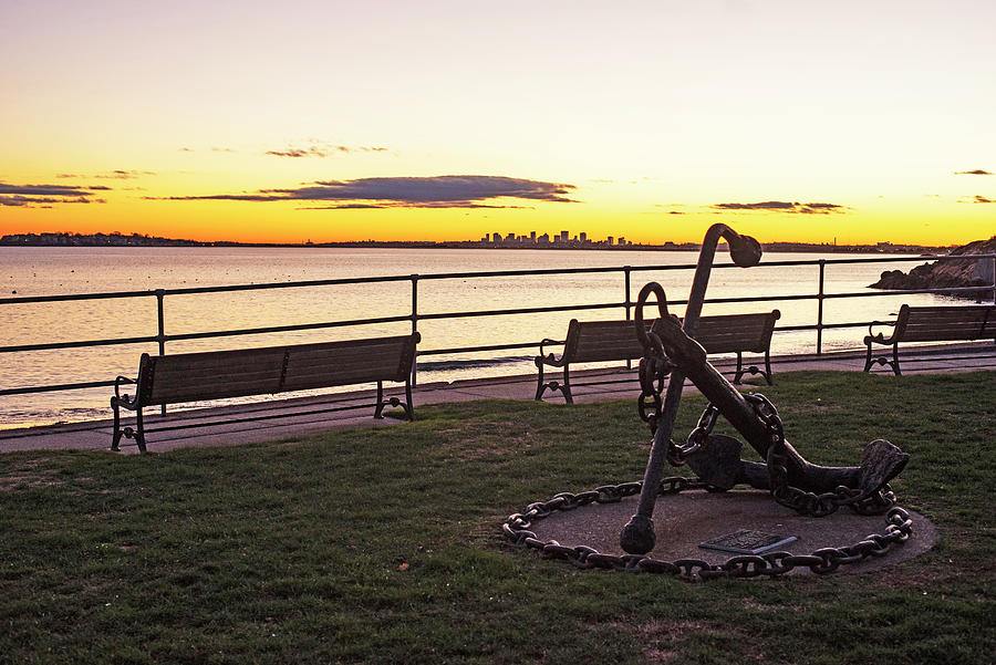 Fishermans Beach Sunset the Boston Skyline and Anchor Statue Swampscott Massachusetts Photograph by Toby McGuire