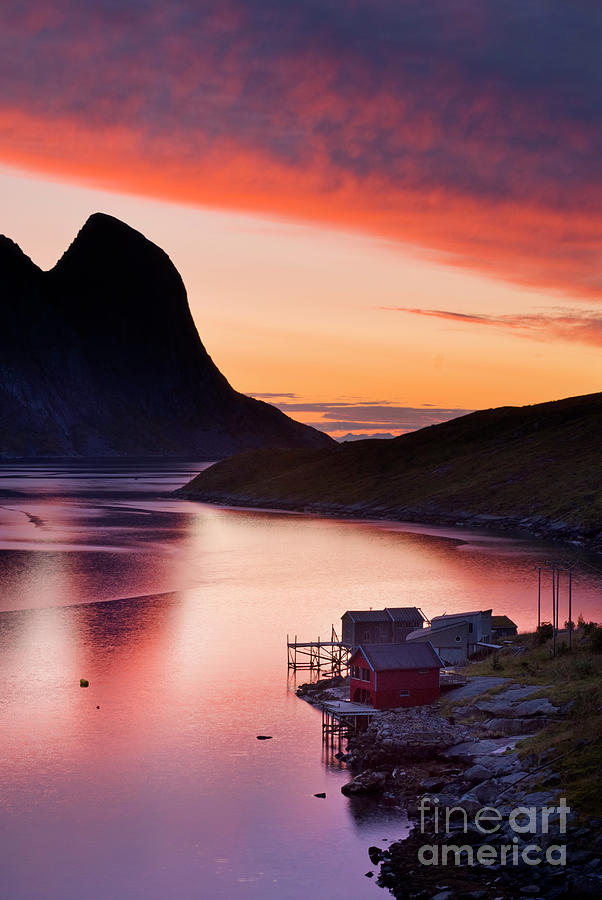 Mountain Photograph - Fishermans cabins at dawn, Lofoten, Norway by Justin Foulkes