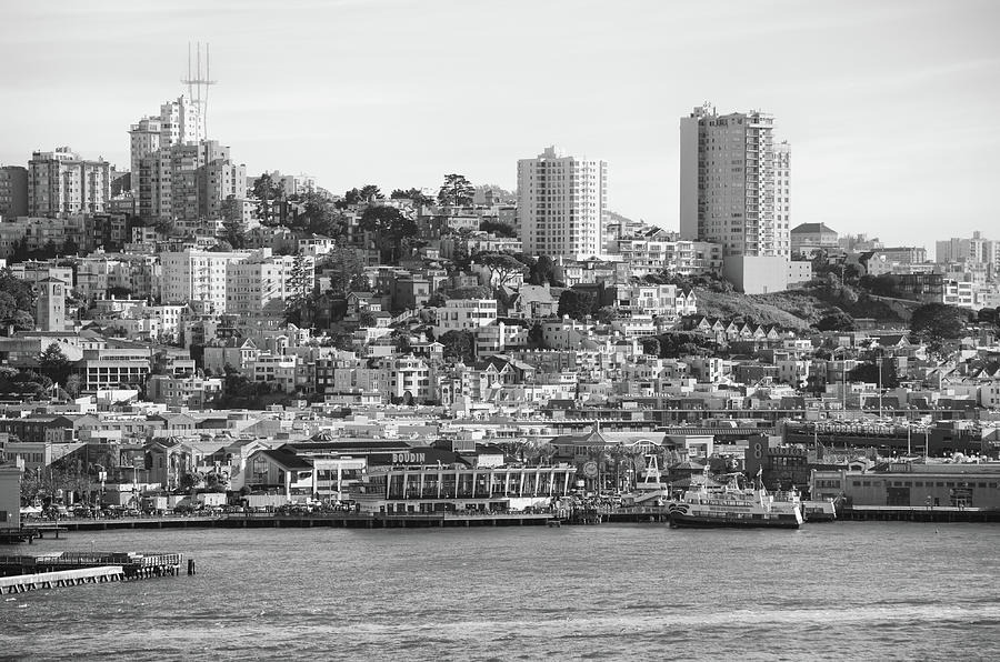 Fishermans Wharf Below Russian Hill San Francisco Black and White Photograph by Shawn OBrien
