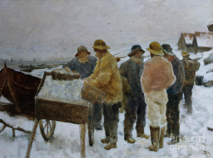 Fishermen around the herring cart, 1890 Painting by O Vaering by Fredrik Kolstoe