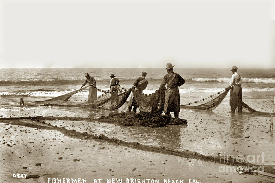 Beach Photograph - Fishermen at New Brighton Beach, Santa Cruz, California 1900 by Monterey County Historical Society