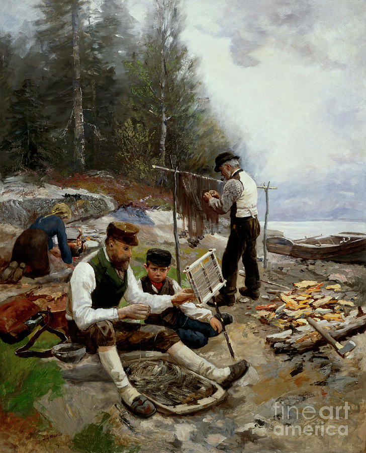 Fishermen at the beach Painting by O Vaering by Jahn Ekenaes