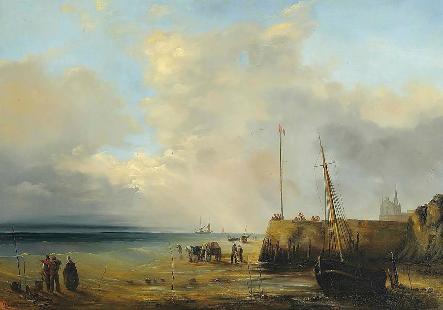Sunset Drawing - Fishermen at the harbour wall low tide  art by Theodore Gudin French
