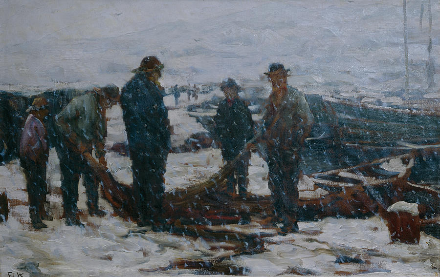 Fishermen, ca 1900 Painting by O Vaering by Fredrik Kolstoe