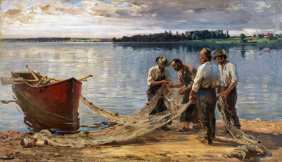 Fishermen Mending their Nets on the Banks of the Chiemsee Painting