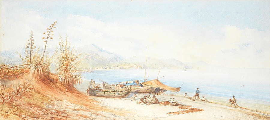 FISHERMEN ON A BEACH IN GOA British School, dated 1857 Painting by Artistic Rifki