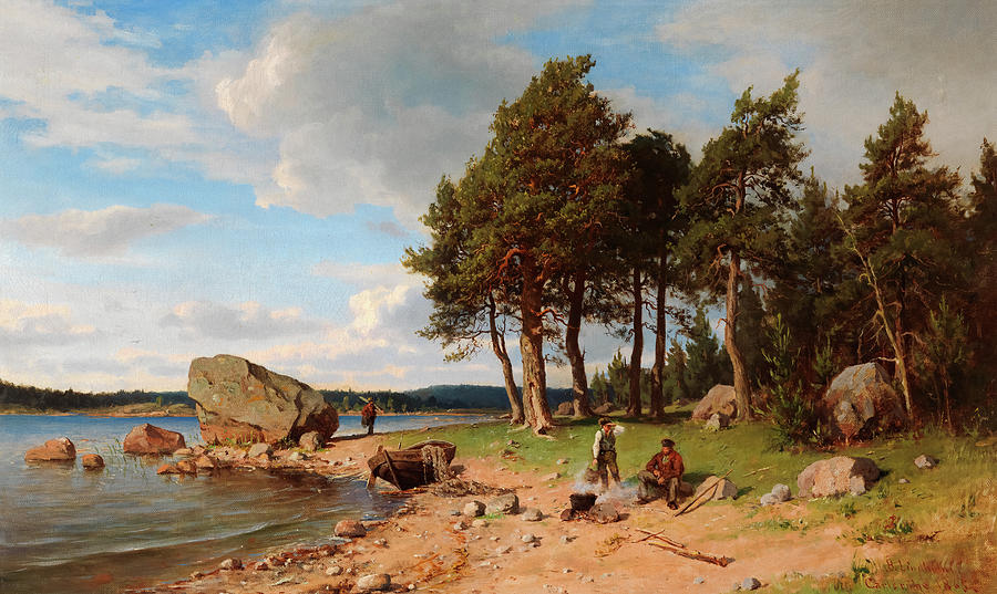 Summer Painting - Fishermen on the Shore by Berndt Lindholm