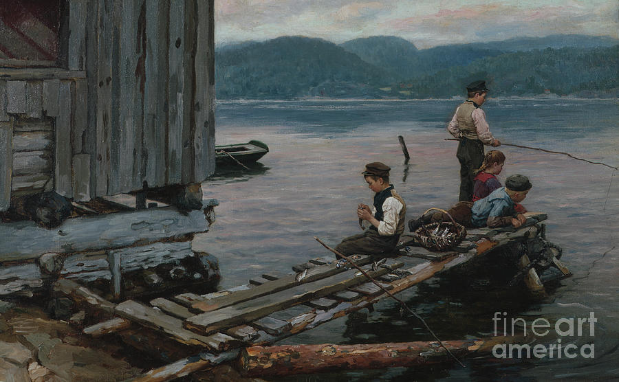 Fishing at the quay, 1901 Painting by O Vaering by Jahn Ekenaes