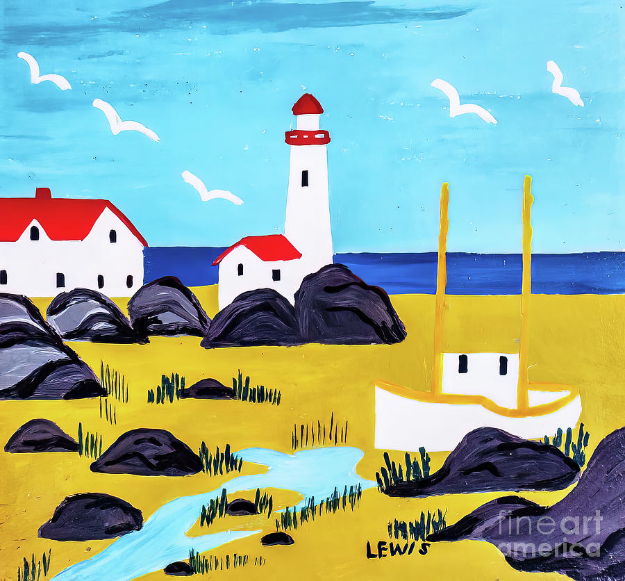 Fishing Boat and Lighthouse by Maud Lewis early 1960s Painting by Maud Lewis