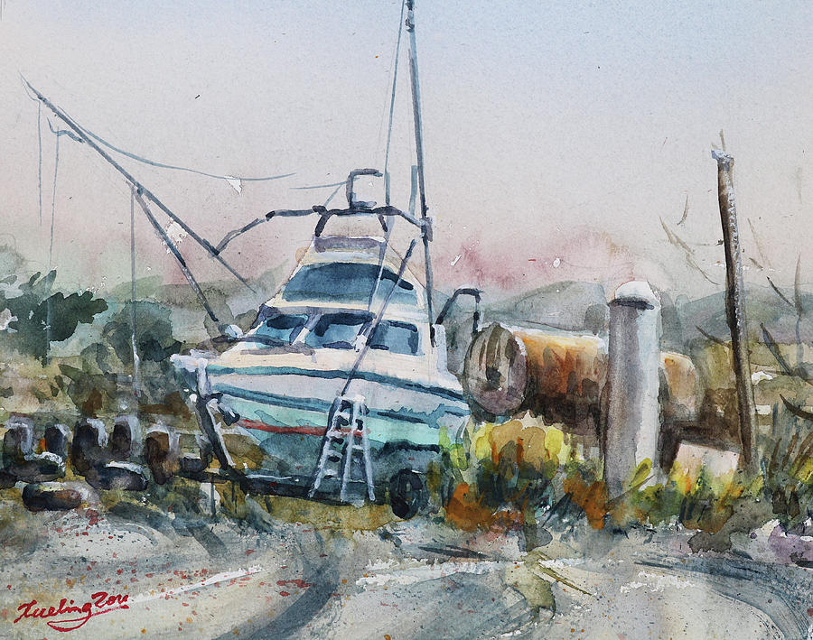 Fishing Boat at Elkhorn Slough Channel Moss Landing California Painting by Xueling Zou