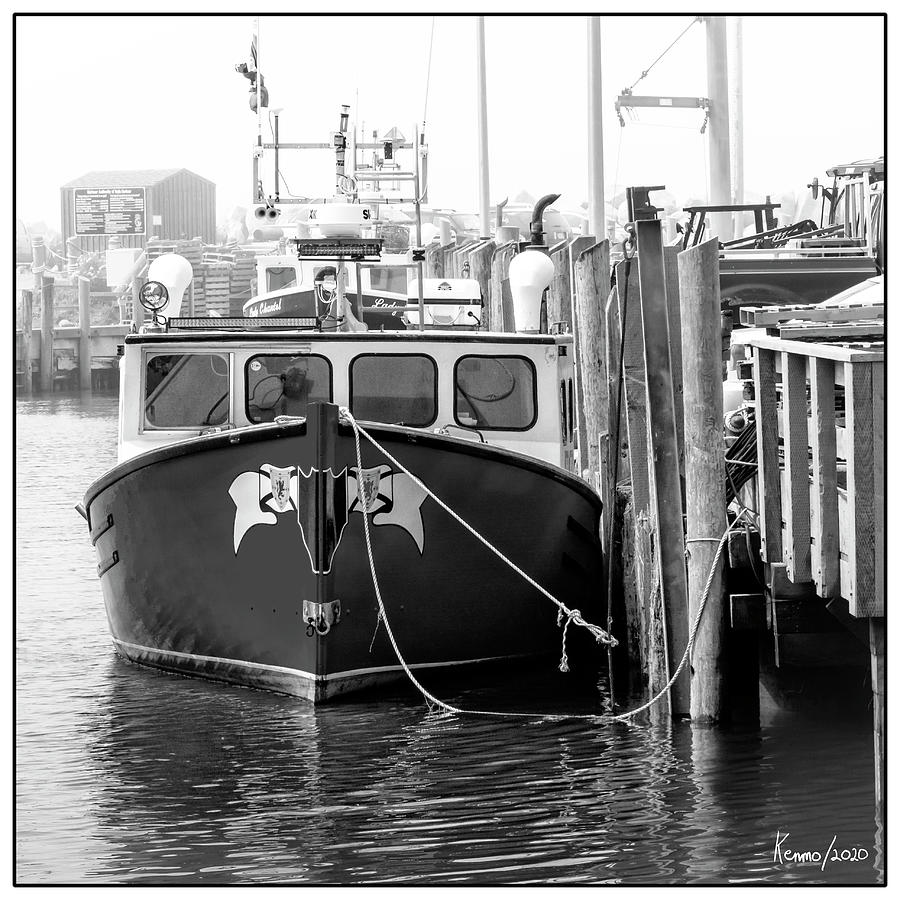 Fishing Boat  Docked in the Fog at Halls Harbour Digital Art by Ken Morris