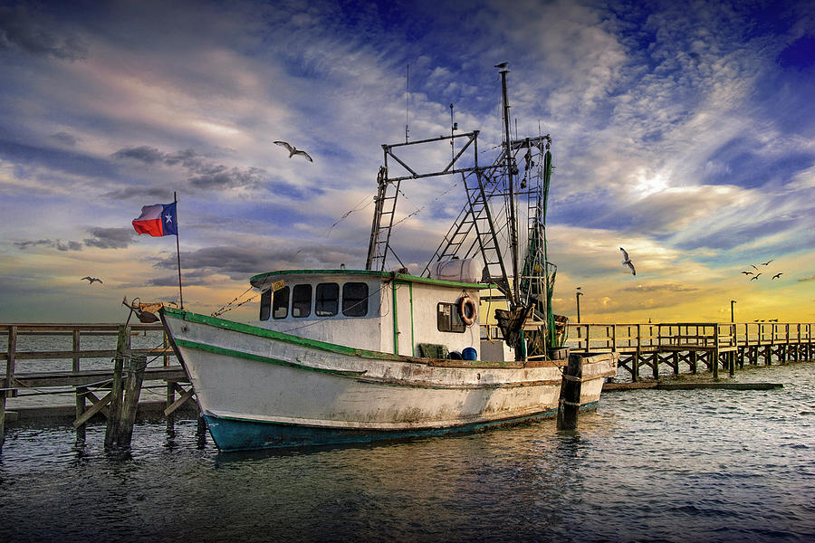 Fishing Boat flying the Texas Flag at a dock by Aransas Pass Photograph by Randall Nyhof