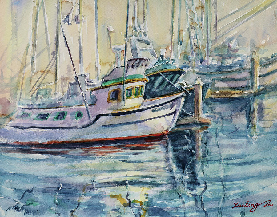 Fishing Boat II at Johnson Pier Half Moon Bay California Painting by Xueling Zou