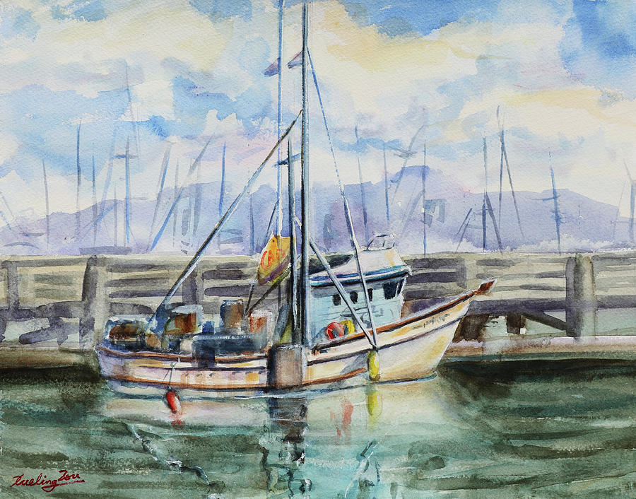 Fishing Boat III at Johnson Pier Half Moon Bay California Painting by Xueling Zou