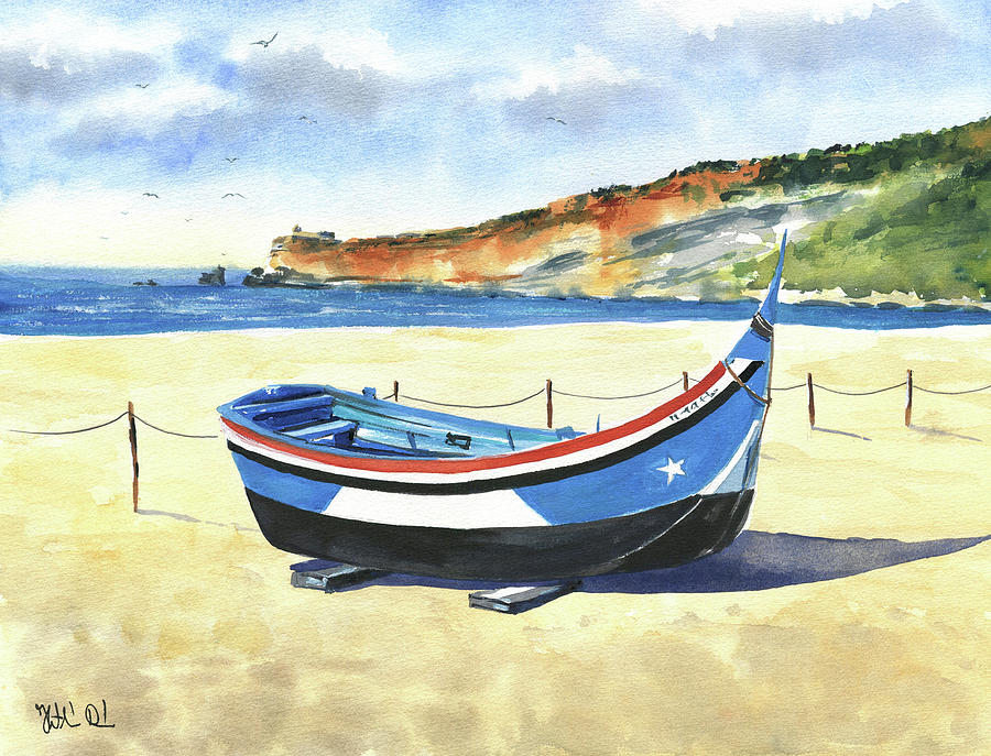 Fishing Boat in Nazare Portugal Painting Painting by Dora Hathazi Mendes
