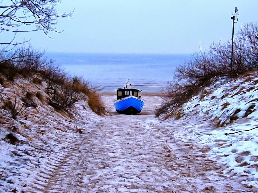 Fishing boat on beach in winter Digital Art by Ralph Kaehne