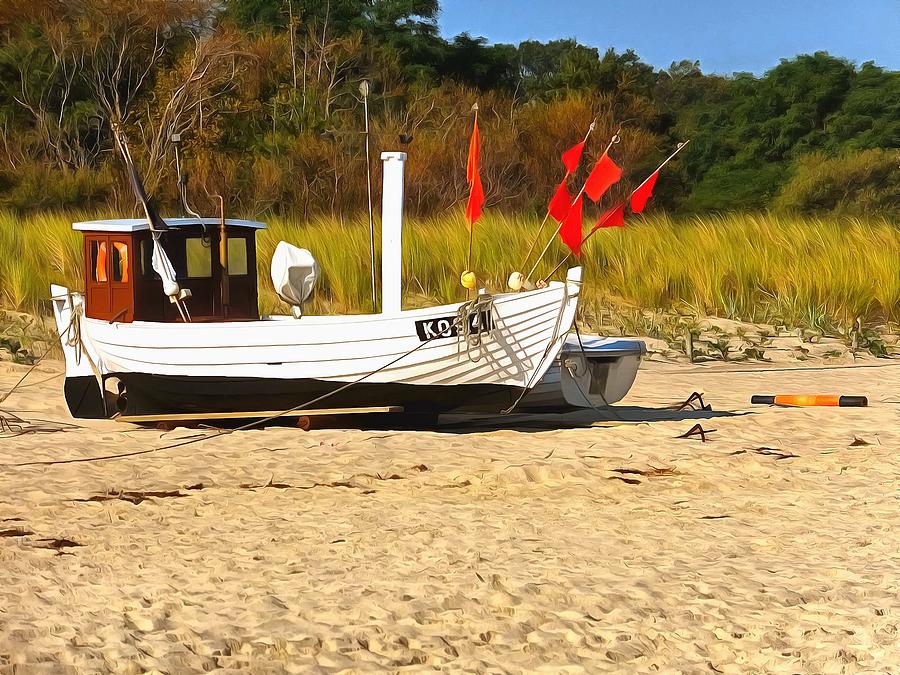 Fishing boat on beach Digital Art by Ralph Kaehne