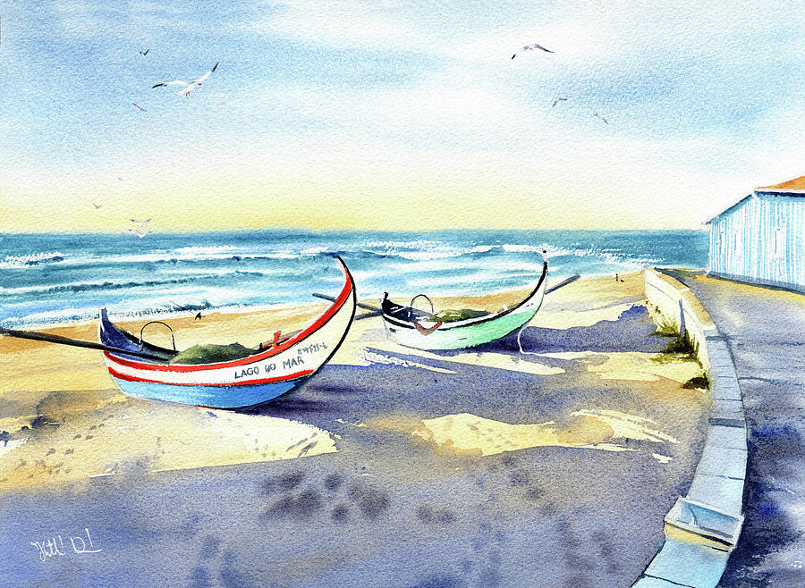Fishing Boats at Mira Beach in Portugal Painting by Dora Hathazi Mendes