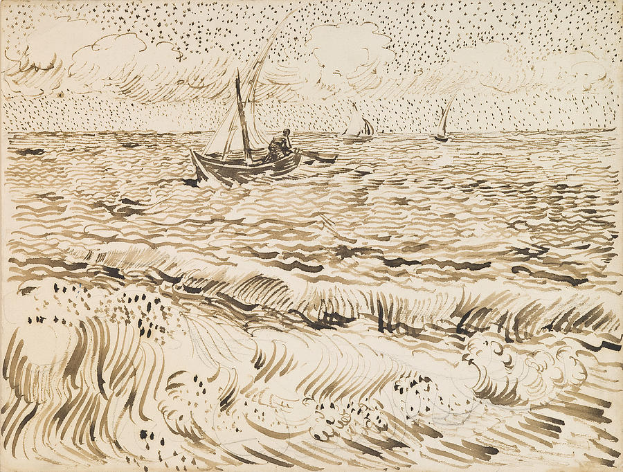 Fishing Boats at Saintes-Maries-de-la-Mer 2 Drawing by Vincent van Gogh