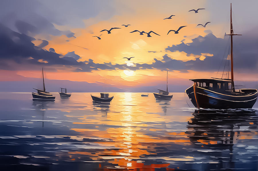 Fishing Boats At Sunset Digital Art