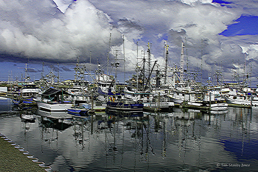 Fishing Boats Calm Bay Cloudy Day Digital Art by Tom Janca