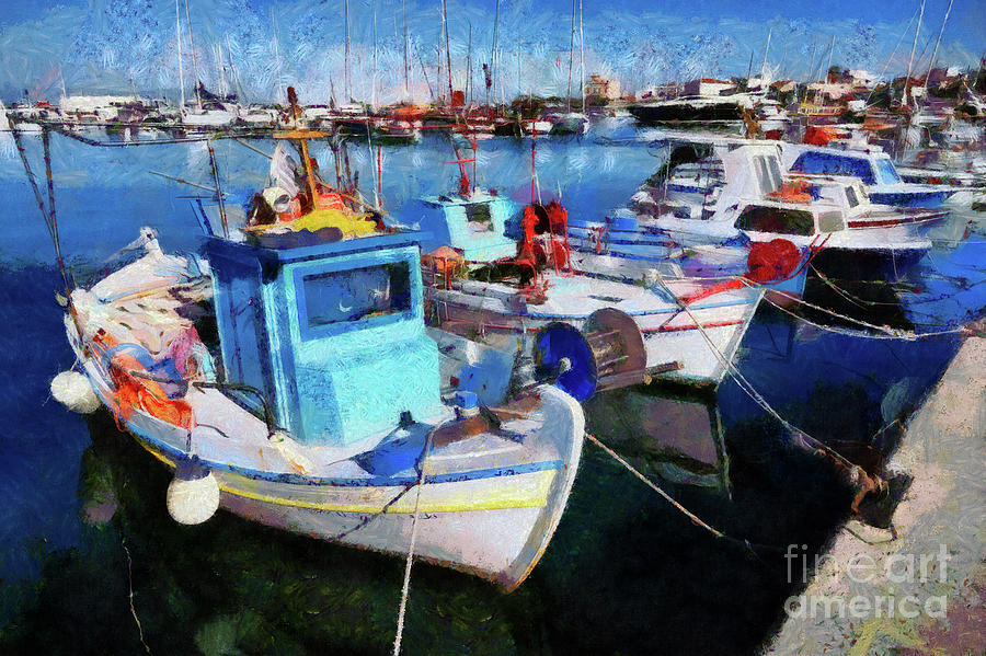 Fishing boats in a port Painting by George Atsametakis