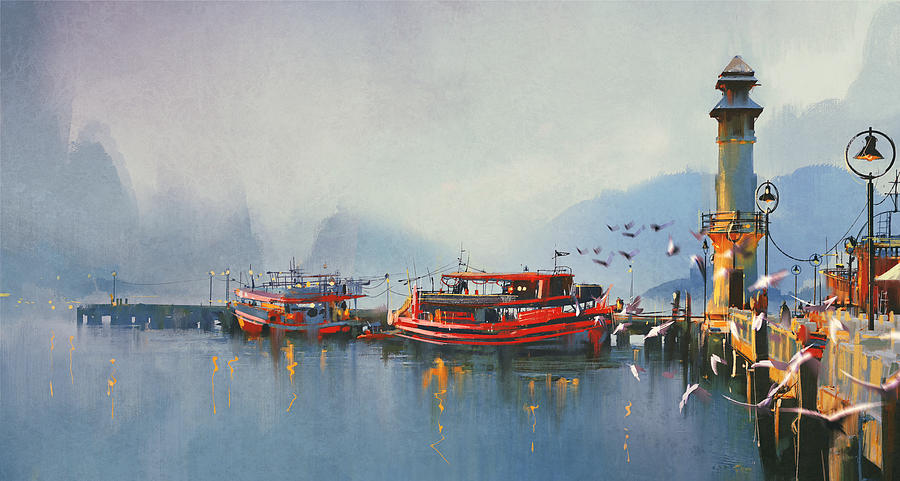 Fishing Boats In Harbour 01 Painting by Miki De Goodaboom