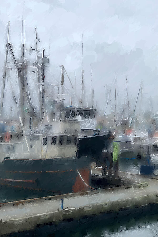 Transportation Mixed Media - Fishing boats in the fog by Tatiana Travelways