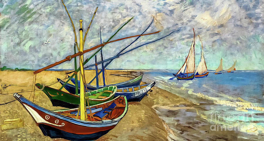 Fishing Boats on the Beach at Les Saintes Maries de la Mer by Vi Painting by Vincent Van Gogh