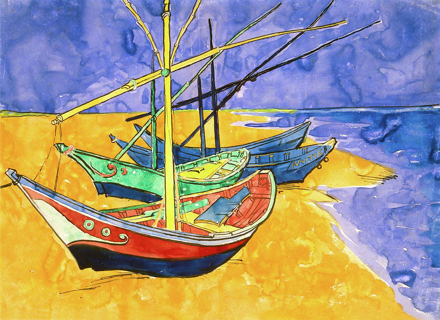 Fishing Boats on the Beach by Vincent Van Gogh Painting by Vincent Van Gogh