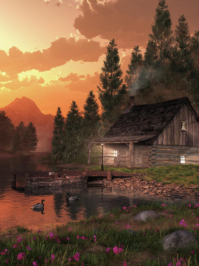 Fishing Cabin on the Lake Digital Art by Daniel Eskridge