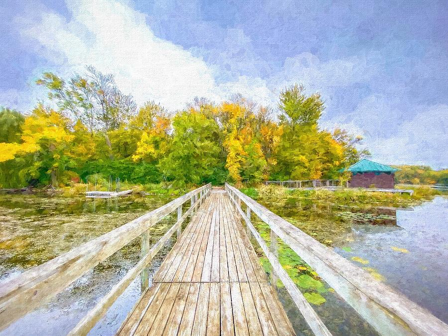 Fishing Dock on Staring Lake in Autumn Mixed Media by Susan Rydberg