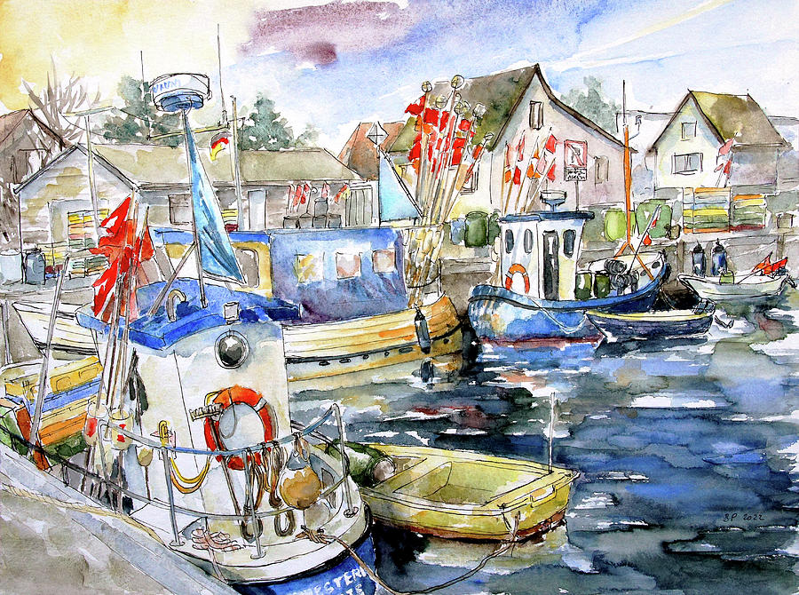 Fishing Harbor Vitte, Island Hiddensee - Germany Painting by Barbara Pommerenke