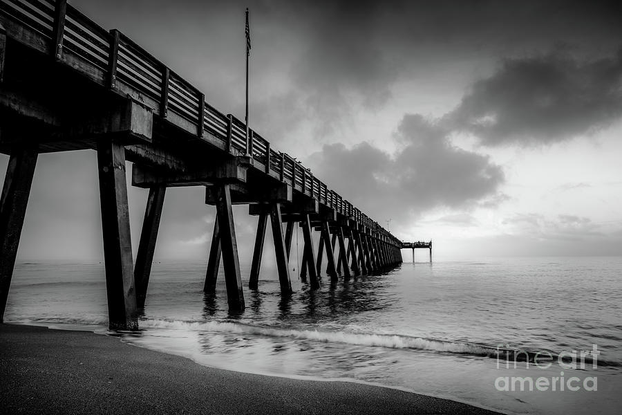 Fishing In The Fog At The Venice Pier, Florida, BW Photograph by Liesl Walsh